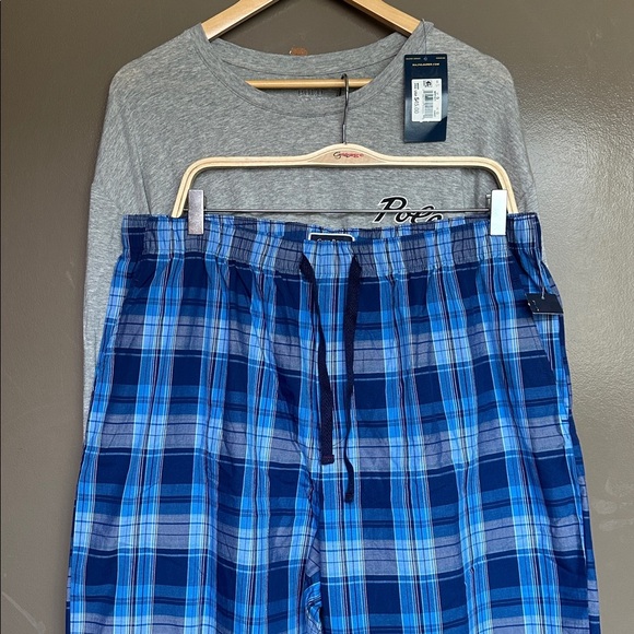 Polo by Ralph Lauren/ Club Room Pajama Set - Gray Top and Blue Plaid Shorts - Picture 3 of 5